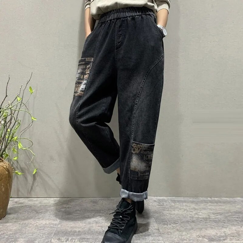Naujas pavasario rudens moteriškas elastingas juosmuo Medvilnė elastingas džinsinis kelnės Haremas Kišeninis dizainas Visiškai tinkami laisvalaikio laisvi džinsai C709