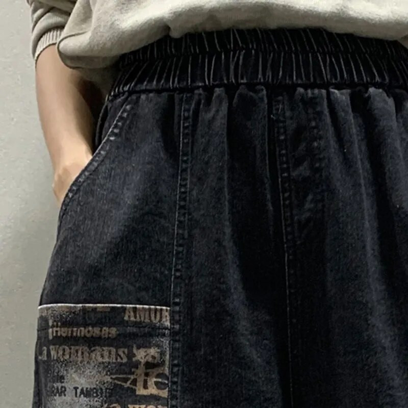 Naujas pavasario rudens moteriškas elastingas juosmuo Medvilnė elastingas džinsinis kelnės Haremas Kišeninis dizainas Visiškai tinkami laisvalaikio laisvi džinsai C709