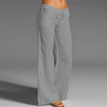 2023 Летни памучни ленени панталони Дамски нови модни плътни тънки панталони с широки крачоли Ежедневни дишащи панталони с еластична талия за жени