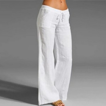 2023 Летни памучни ленени панталони Дамски нови модни плътни тънки панталони с широки крачоли Ежедневни дишащи панталони с еластична талия за жени