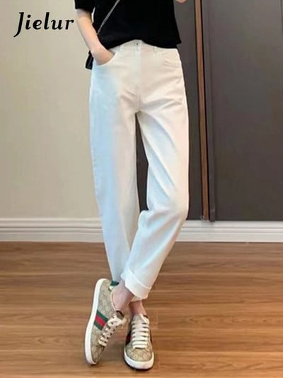 Jielur vabaaja ühevärvilised naiste teksad Kõrge vöökohaga õhuke šikk mood kontoris Naistele Lihtne valge helesinine Tavaline naiste tänavarõivad