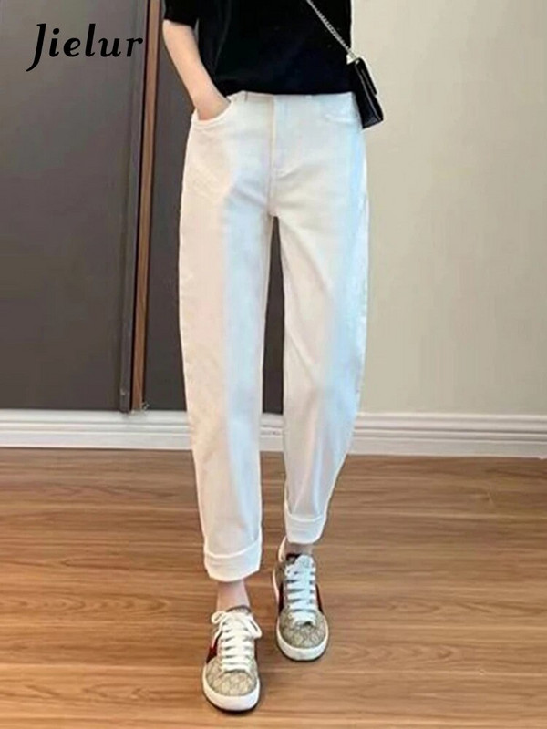 Jielur vabaaja ühevärvilised naiste teksad Kõrge vöökohaga õhuke šikk mood kontoris Naistele Lihtne valge helesinine Tavaline naiste tänavarõivad