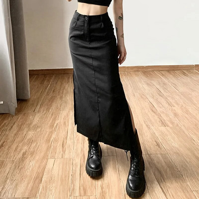 Goth, tumši grunge, ikdienišķa etiķete, sadalīta sieviešu midi svārki Mall Gothic punk High Raise, plāni, gari svārki Y2 k Sexy Fashion Streetwear