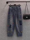 Kevadmood Naiste lilletikandid Värske stiiliga teksapüksid Naise elastne vöökoht Retro-rebitud teksad Vabaaja lahtised haaremipüksid