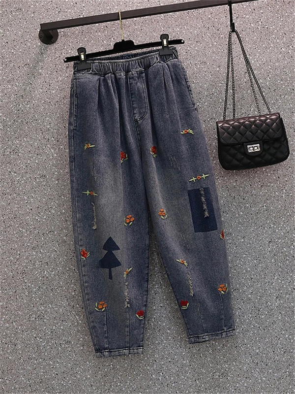 Kevadmood Naiste lilletikandid Värske stiiliga teksapüksid Naise elastne vöökoht Retro-rebitud teksad Vabaaja lahtised haaremipüksid