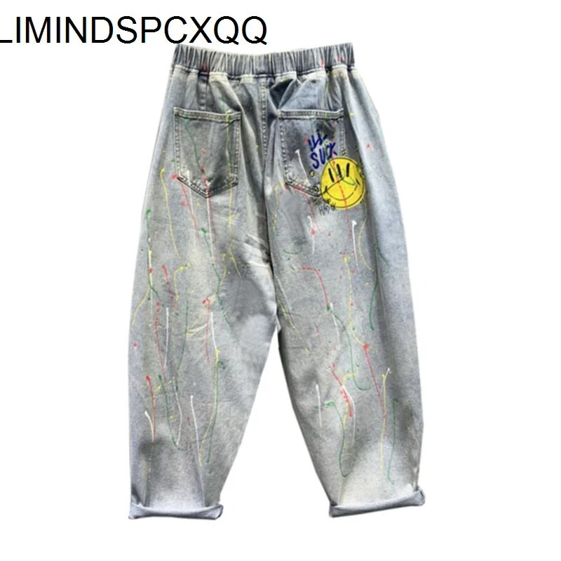 2023 m. pavasaris ir vasara Naujas animacinis filmas, plėšyti šviesiai mėlyni, laisvi džinsai, moteriški madingi elastiniai juosmuo, plačios kojos Haremo kelnės, moteriškos
