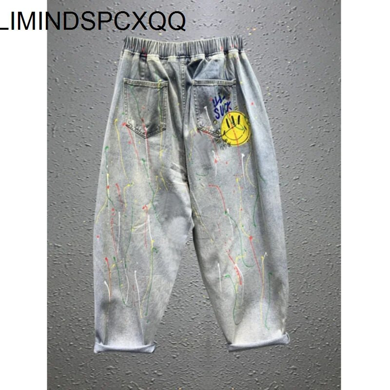 2023 m. pavasaris ir vasara Naujas animacinis filmas, plėšyti šviesiai mėlyni, laisvi džinsai, moteriški madingi elastiniai juosmuo, plačios kojos Haremo kelnės, moteriškos