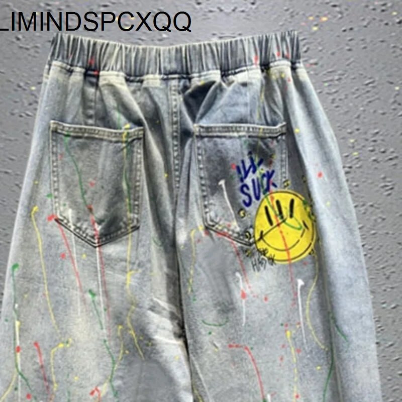 2023 m. pavasaris ir vasara Naujas animacinis filmas, plėšyti šviesiai mėlyni, laisvi džinsai, moteriški madingi elastiniai juosmuo, plačios kojos Haremo kelnės, moteriškos