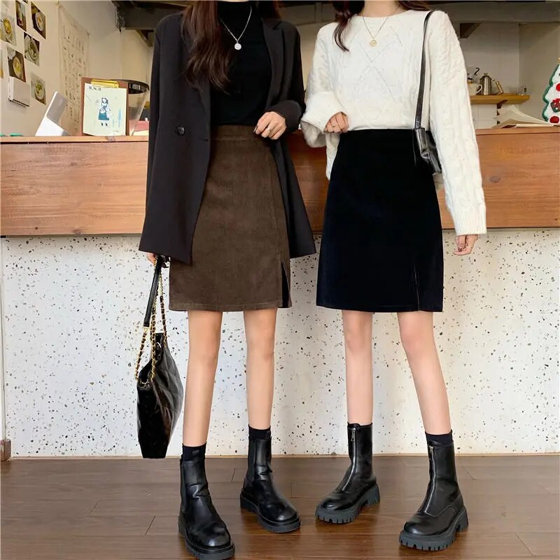 2XL Rudeninis žieminis velvetas aukštu juosmeniu, A linijos vidutinio ilgio sijonai moteriški, apkūnūs mergaičių juodi sijonai su vienu žingsniu