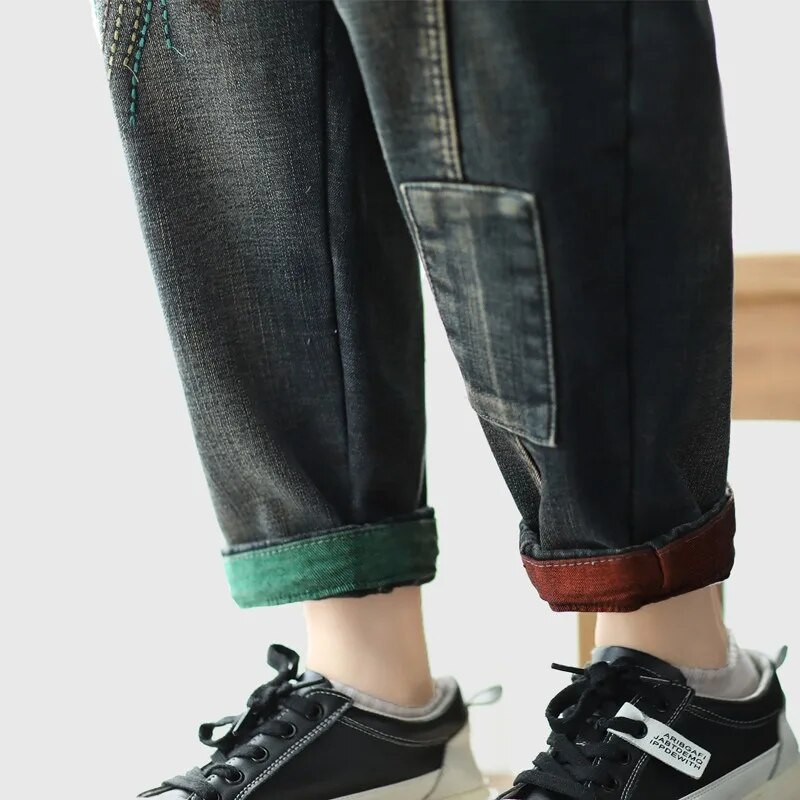 Naiste vabaaja teksad poiss-sõbrale Uued 2022. aasta kevadised korea stiilis tänavarõivad, vintage tikandid, naiste pahkluuni ulatuvad teksapüksid B1566