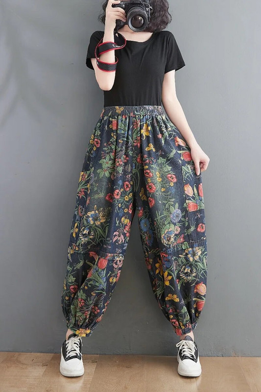 Lääne stiilis naiste vintage lillelised teksad Naine kevadlilled kauboi haaremi püksid lahtised elastsed vöökohad etnilise boho pükste tasku