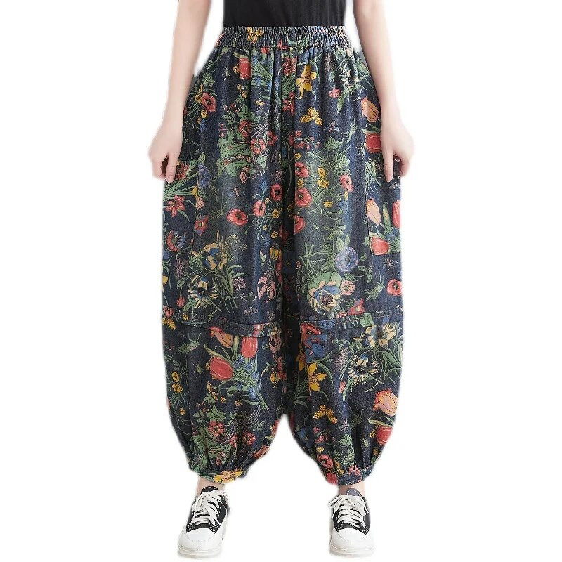 Lääne stiilis naiste vintage lillelised teksad Naine kevadlilled kauboi haaremi püksid lahtised elastsed vöökohad etnilise boho pükste tasku
