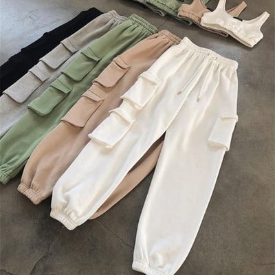 Ανοιξιάτικο φθινόπωρο Vintage Patchwork Joggers Φούτερ Harajuku Γυναικείο Παντελόνι Ελαστικά Ψηλόμεσες Τσέπες Μασίφ παντελόνι με κορδόνια