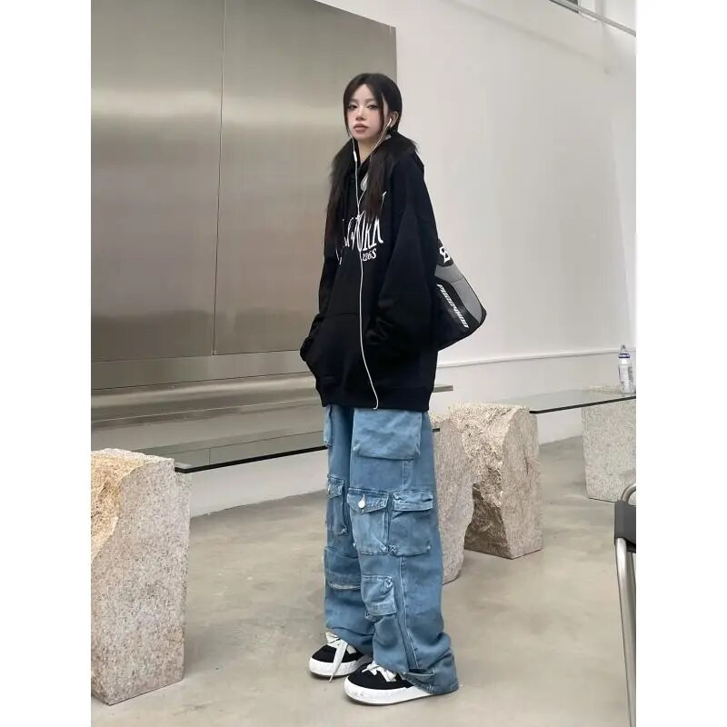 High Street Retro ülisuur taskudisain meeste ja naiste Y2K mood kõrge vöökohaga teksad Harajuku lihtsad vabaaja teksapüksid laia säärega püksid