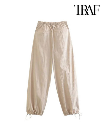 TRAF Дамски модни странични джобове с плисета Парашут Карго панталони Винтидж Дамски панталони за джогинг с висока еластична талия и шнурове Mujer