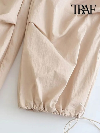 TRAF Дамски модни странични джобове с плисета Парашут Карго панталони Винтидж Дамски панталони за джогинг с висока еластична талия и шнурове Mujer