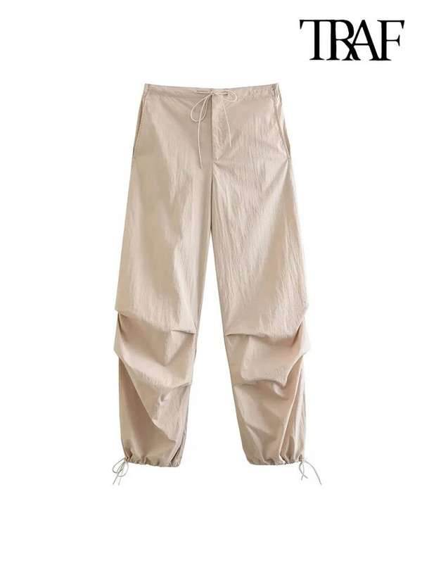 TRAF Naised Mood Küljetaskud Voldid Langevarjuga püksid Vintage Kõrge Elastne Vöökoht Pingutusnöör Naiste Jooksupüksid Mujer