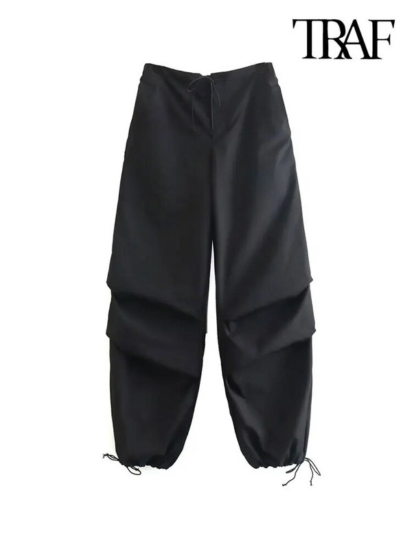 TRAF Naised Mood Küljetaskud Voldid Langevarjuga püksid Vintage Kõrge Elastne Vöökoht Pingutusnöör Naiste Jooksupüksid Mujer