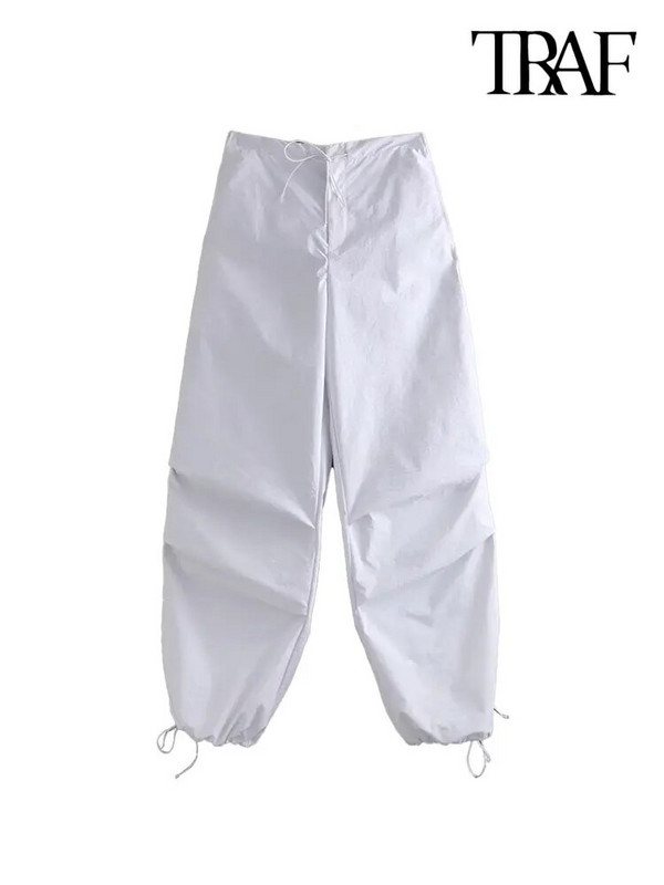 TRAF Naised Mood Küljetaskud Voldid Langevarjuga püksid Vintage Kõrge Elastne Vöökoht Pingutusnöör Naiste Jooksupüksid Mujer