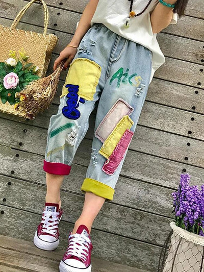 Vară, subțire, vintage, broderie, talie elastică, orificiu, culoare lovită, blugi largi, denim, pantaloni până la gleznă, Jean Femme