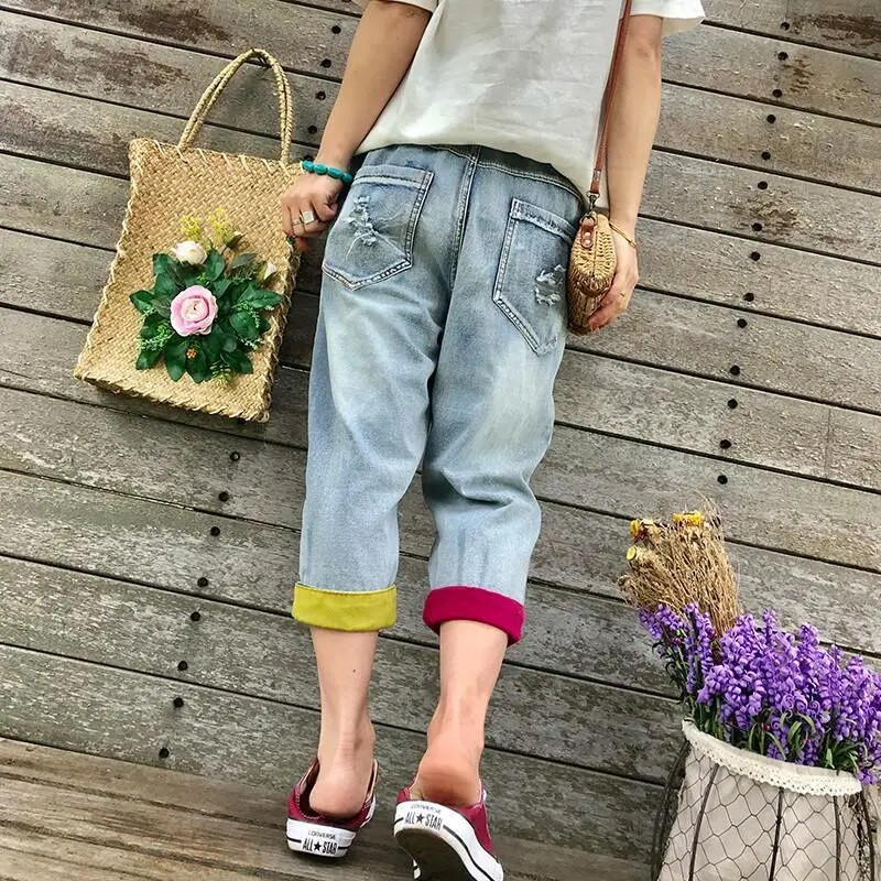 Vasaras plānas vintage izšūšanas elastīgas jostasvietas caurums Hit Color Brīvi džinsi Sieviešu džinsa bikses līdz potītēm Jean Femme