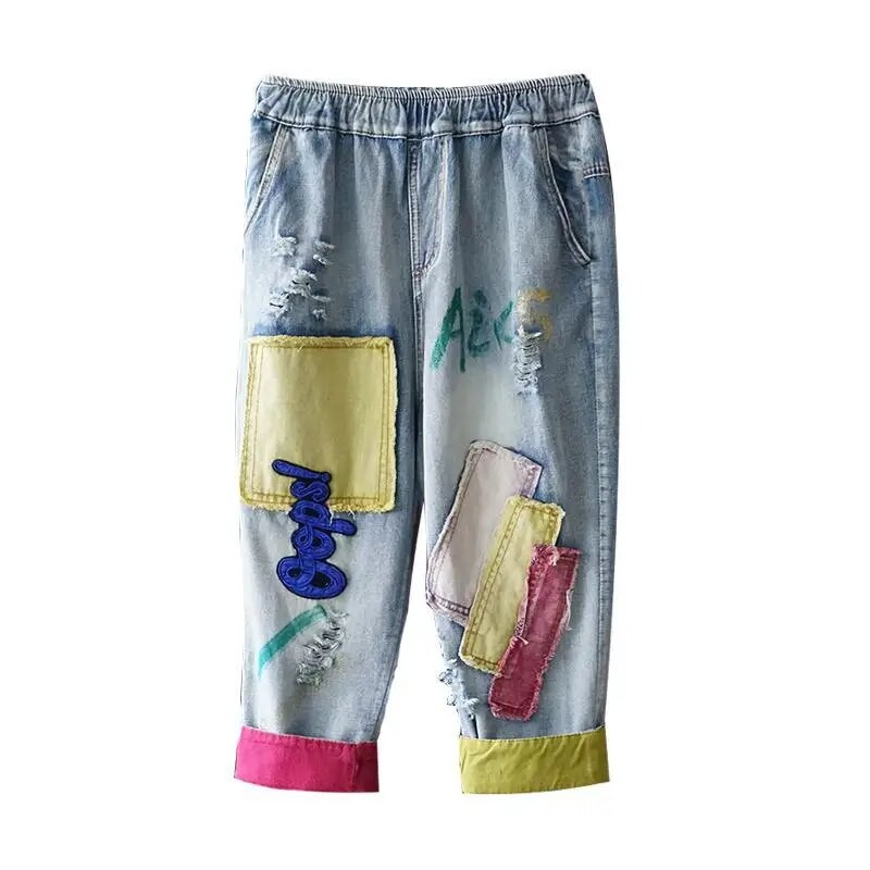 Vasaras plānas vintage izšūšanas elastīgas jostasvietas caurums Hit Color Brīvi džinsi Sieviešu džinsa bikses līdz potītēm Jean Femme