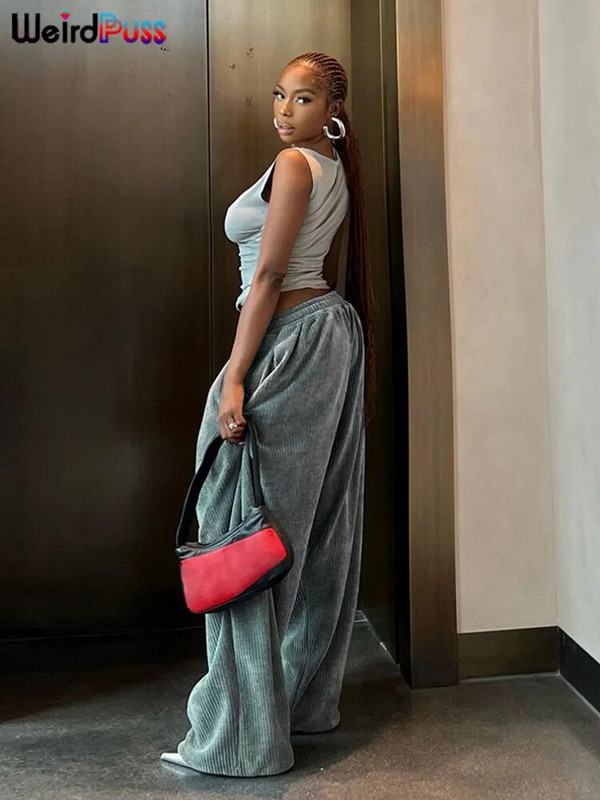 Imelik Puss Y2K vabaaja laia säärega püksid naiste sügis avarad lihtsad taskukohased kõrge vöökohaga püksid velvetist tänavariided pikad allääred