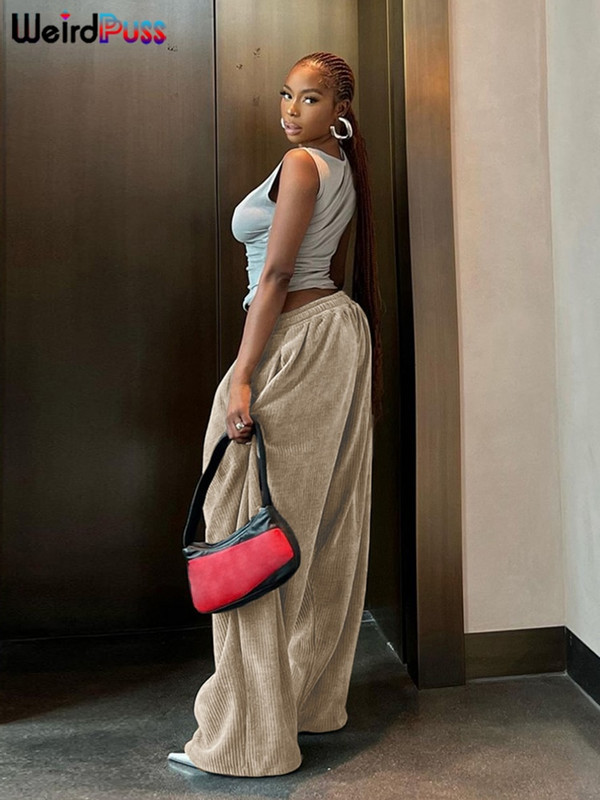 Imelik Puss Y2K vabaaja laia säärega püksid naiste sügis avarad lihtsad taskukohased kõrge vöökohaga püksid velvetist tänavariided pikad allääred