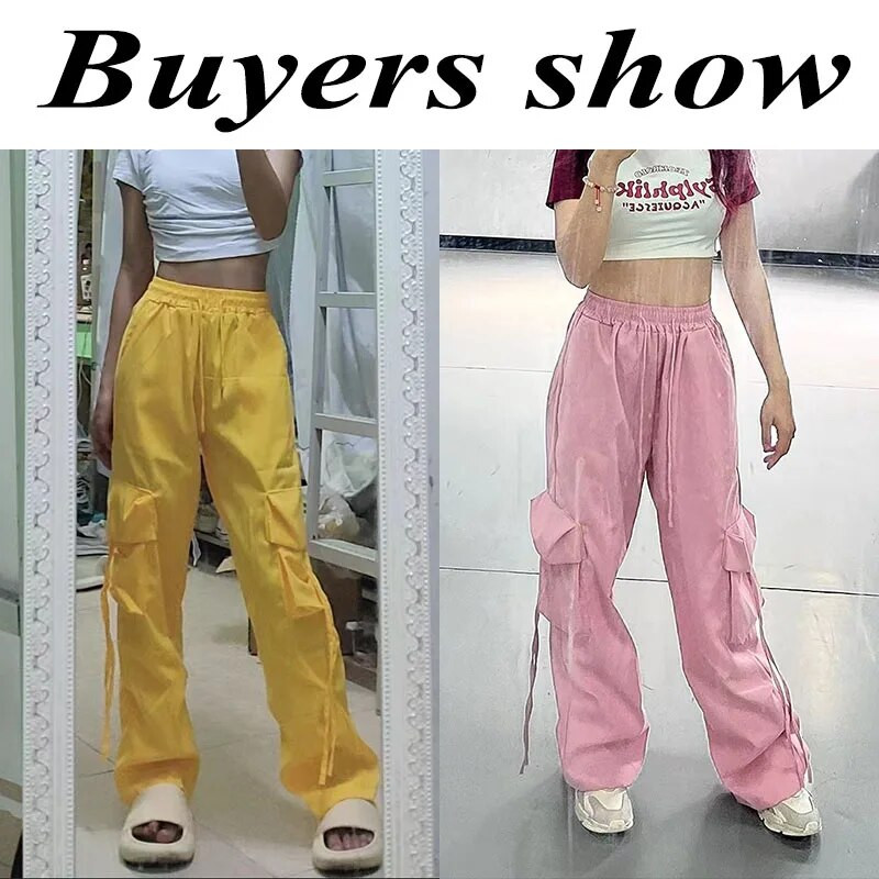 Lucyever Y2K Cargo Kelnės moterims Harajuku Streetwear Baggy Plačias kelnes parašiutams Moteriškos korėjietiškos edgy stiliaus bėgiojimo sportinės kelnės