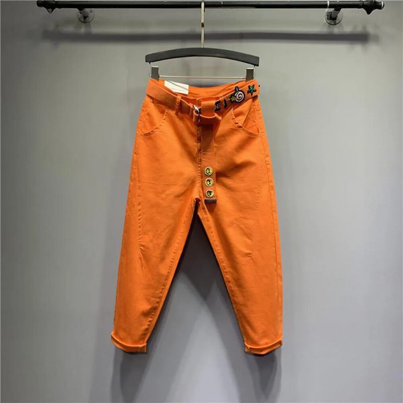 Naiste soliidsed teksad Uued kevadsuvi naiste haaremipüksid Täielikult sobivad kõrge vöökohaga 100% puuvillane elastne õhukesed teksapüksid kärbitud püksid