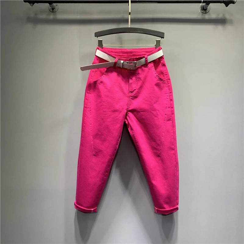 Naiste soliidsed teksad Uued kevadsuvi naiste haaremipüksid Täielikult sobivad kõrge vöökohaga 100% puuvillane elastne õhukesed teksapüksid kärbitud püksid