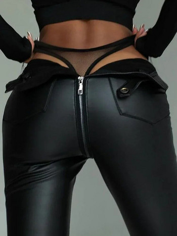 Секси дамски панталони от полиуретан Зимни есенни черни фитнес тънки панталони с молив с висока талия и цип Улични панталони от изкуствена кожа за жени