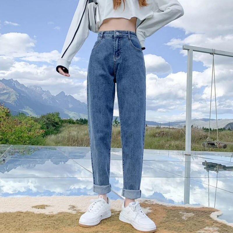 Xpqbb 2022, suvine kõrge vöökohaga naiste teksad, pestud vabaaja vabad haaremipüksid, naiste massiivsed, lihtsad, vööga üliõpilaste teksapüksid