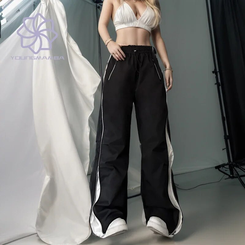 Y2k madala vöökohaga dressipüksid tänavariided kottis soliidne lapiline langevarjupüksid laiad püksid vabad vabad puusad puusad valged