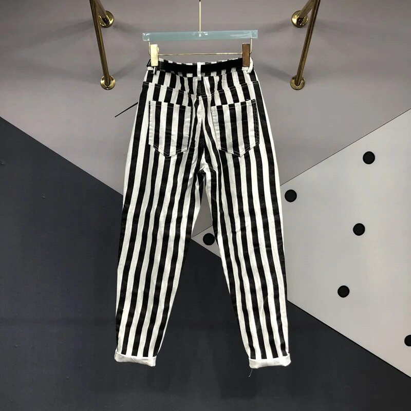 Juodos baltos juostelės maišeliai džinsai moterims didelio dydžio mama džinsai moteris aukštu juosmeniu laisvos haremo kelnės Fat Sister džinsinės kelnės