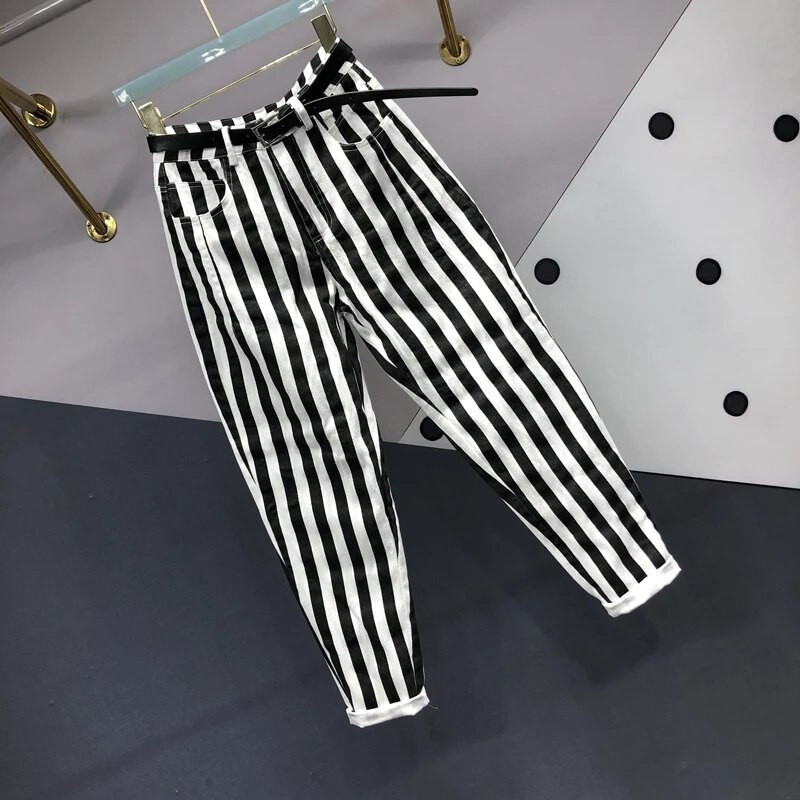 Juodos baltos juostelės maišeliai džinsai moterims didelio dydžio mama džinsai moteris aukštu juosmeniu laisvos haremo kelnės Fat Sister džinsinės kelnės