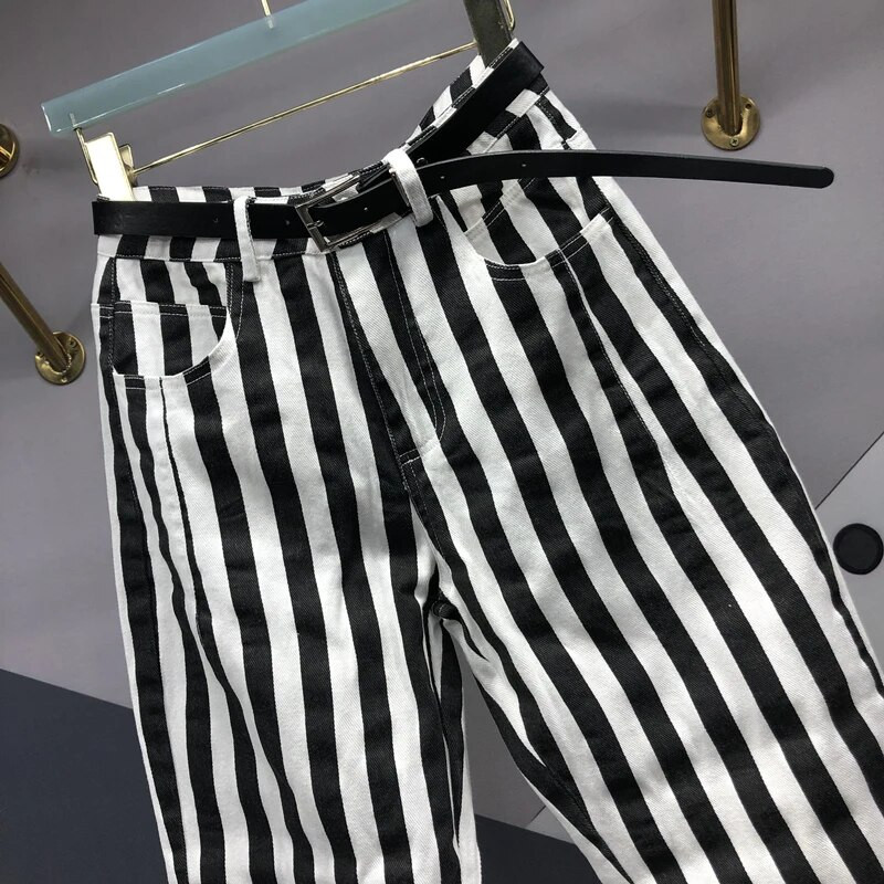 Juodos baltos juostelės maišeliai džinsai moterims didelio dydžio mama džinsai moteris aukštu juosmeniu laisvos haremo kelnės Fat Sister džinsinės kelnės