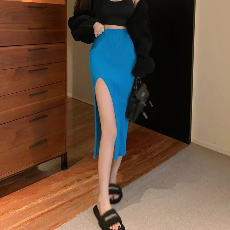 Moteriškas seksualus perskeltas Bodycon ilgas sijonas Elegantiškas plonas sijonas aukštu juosmeniu Moteriška Pure Desire Hot Girl megzta elastinga suknelė