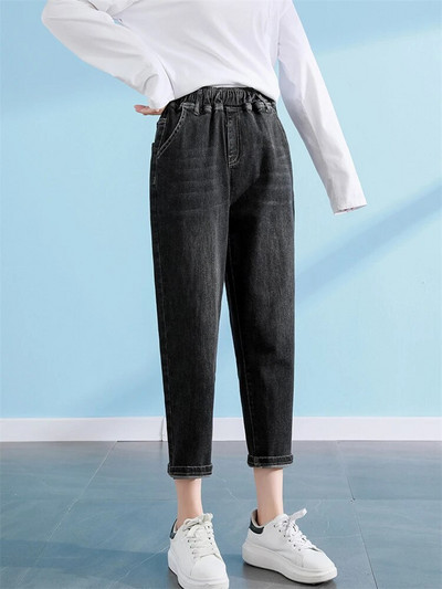 Naiste kevadmood elastne impeeriumi vöökoht ühevärviline Lihtsad sirged teksapüksid korea stiilis lahtised vabaaja haaremi teksad püksid