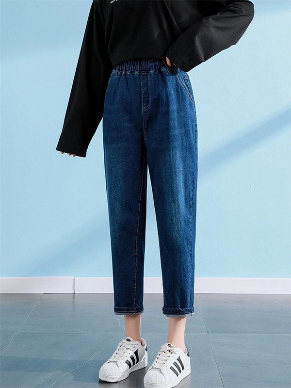 Naiste kevadmood elastne impeeriumi vöökoht ühevärviline Lihtsad sirged teksapüksid korea stiilis lahtised vabaaja haaremi teksad püksid