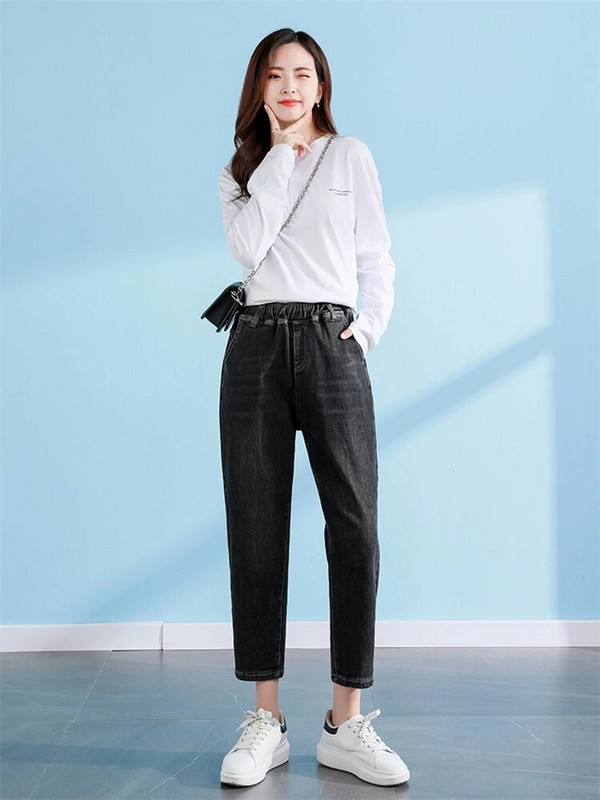 Naiste kevadmood elastne impeeriumi vöökoht ühevärviline Lihtsad sirged teksapüksid korea stiilis lahtised vabaaja haaremi teksad püksid