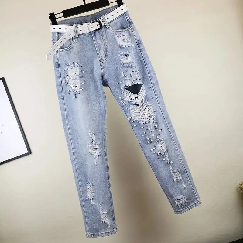 Γυναικεία τρύπα τζιν 2023 Άνοιξη καλοκαίρι Νέο φαρδύ ψηλόμεσο τζιν παντελόνι με βαριές χάντρες ίσιες εννέα πόντους Harem Cowboy παντελόνι