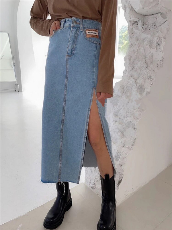 REALEFT Nauji vasariniai moteriški ilgi džinsiniai sijonai Vintažinis aukšta juosta džinsų sijonas tiesus šoninis A linijos pieštukų sijonai moteriški