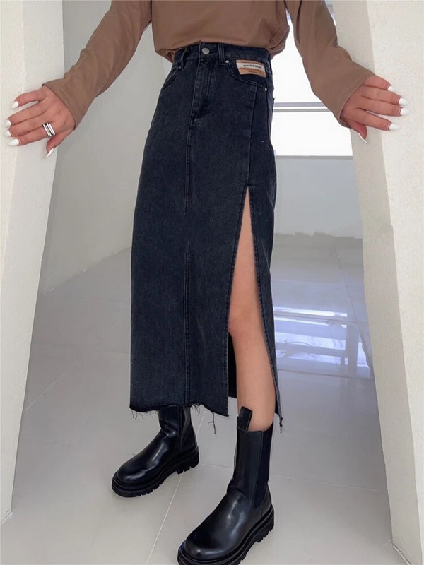 REALEFT Nauji vasariniai moteriški ilgi džinsiniai sijonai Vintažinis aukšta juosta džinsų sijonas tiesus šoninis A linijos pieštukų sijonai moteriški