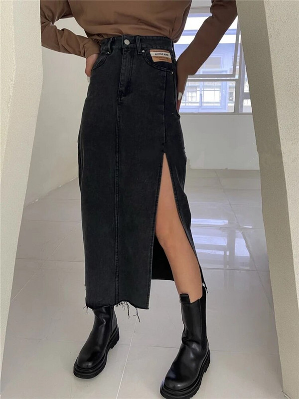 REALEFT Nauji vasariniai moteriški ilgi džinsiniai sijonai Vintažinis aukšta juosta džinsų sijonas tiesus šoninis A linijos pieštukų sijonai moteriški