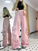 Zoki Pink Streetwear Cargo Pants Moteriškos Laisvos Harajuku Y2K Tiesios Kelnės Amerikietiškos Retro Hip Hop Kasdieninės Bf Plačios Kelnės Naujos