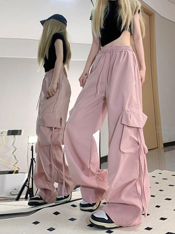 Zoki Pink Streetwear Карго панталони Дамски широки прави панталони Harajuku Y2K Американски ретро хип-хоп ежедневни Bf широки панталони Нови
