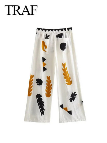 TRAF Дамски панталони с широки крачоли Дамски шик летни ежедневни дълги панталони с висока талия и бродерия