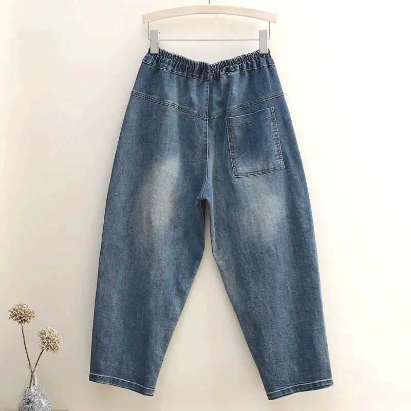 Kevadsuvi Teksad Naine Lilletikandid Pleegitatud Tasku Lahtine Stretch Vintage säärepikkusega Elastne vöökoht Õhukesed haaremipüksid