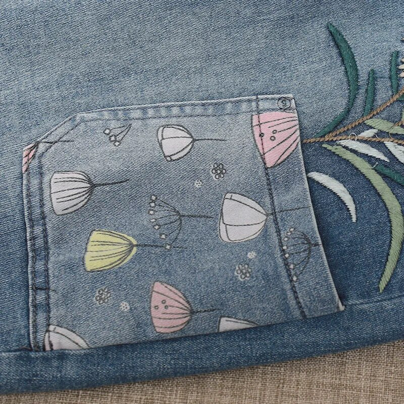 Kevadsuvi Teksad Naine Lilletikandid Pleegitatud Tasku Lahtine Stretch Vintage säärepikkusega Elastne vöökoht Õhukesed haaremipüksid